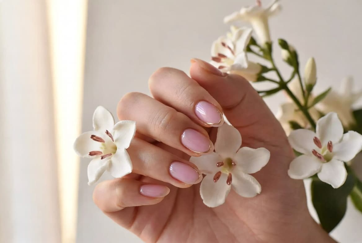 Milky pink BIAB clean-girl nails with white flowers