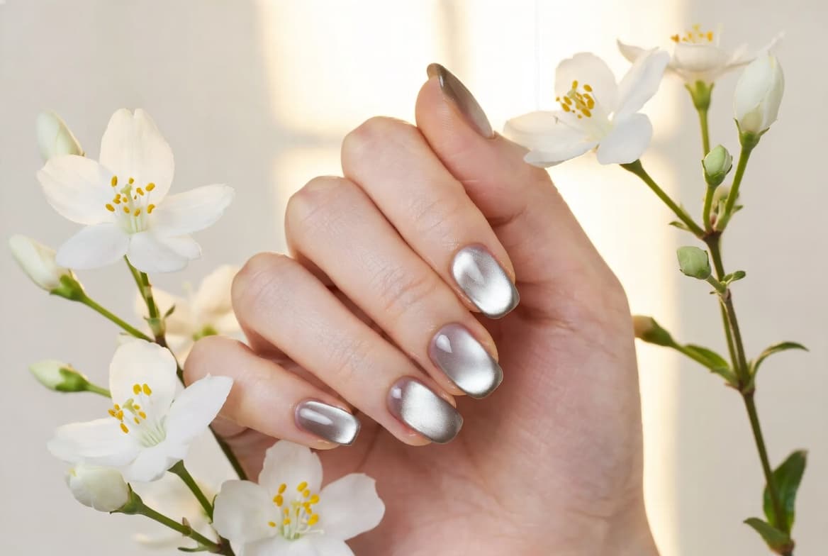 Silver chrome cat-eye nails with jasmine flowers